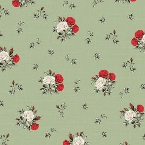 Scattered Vintage Rose Floral, Pretty Posy of Roses, Scattered White and Red Flowers on Green Linen Texture