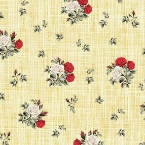 White and Red Modern Vintage Florals, Pretty Posy of Roses, Scattered Flowers on Chalky White and Yellow Linen Texture