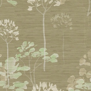 Artistic Forest Grasscloth Wallpaper - Woodland Trees - Brown Tan - Olive Green 