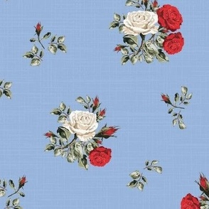 Red and White Rose Posy Floral Bouquet, Romantic Roses Vintage Floral Pattern on Blue Linen Texture