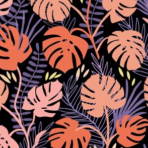 Large //  Monstera in tropical electric colors orange purple