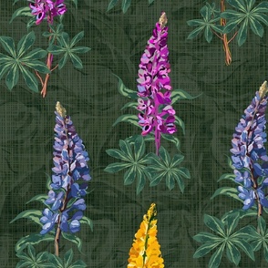 Dark and Moody Floral Botanic Garden Print, Timeless Wildflower Pattern, Hand Drawn Lupine Lupin Flowers Dancing in the Wind on Vibrant Dark GreenLinen Texture