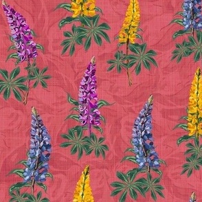 Pink Botanic Garden Floral Print, Timeless Wildflower Pattern, Hand Drawn Lupine Lupin Flowers Dancing in the Wind on Elegant Linen Texture