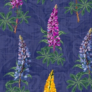Dark Floral Botanic Garden Print, Timeless Wildflower Pattern, Hand Drawn Lupine Lupin Flowers Dancing in the Wind on Vibrant Midnight Blue Linen Texture