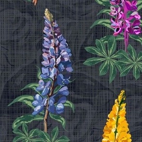 Moody Floral Botanic Garden Print, Timeless Wildflower Pattern, Hand Drawn Lupine Lupin Flowers Dancing in the Wind on Vibrant Dark Blue Linen Texture