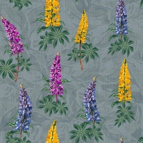 Botanic Garden Floral Print, Timeless Wildflower Pattern, Hand Drawn Lupine Lupin Flowers Dancing in the Wind on Slate Gray (Grey) Linen Texture