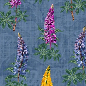 Pink Purple Yellow Botanic Garden Wildflower Floral Print, Timeless Flower Pattern, Hand Drawn Lupine Lupin Flowers Dancing in the Wind on Blue Linen Texture