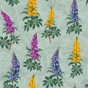 Purple Pink Yellow Botanic Garden Wildflower Floral Print, Timeless Flower Pattern, Hand Drawn Lupine Lupin Flowers Dancing in the Wind on Muted Teal Linen Texture