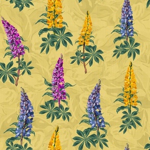 Yellow Pink Purple Botanic Garden Wildflower Floral Print, Timeless Flower Pattern, Hand Drawn Lupine Lupin Flowers Dancing in the Wind on Lemon Yellow Linen Texture
