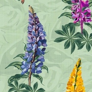 Colorful Botanic Garden Wildflower Floral Print, Timeless Flower Pattern, Hand Drawn Lupine Lupin Flowers Dancing in the Wind on Light Green Linen Texture