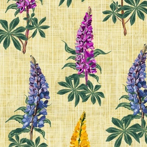 Botanic Garden Wildflower Floral Print, Colorful Farmhouse Flower Pattern, Hand Drawn Lupine Lupin Flowers Dancing in the Wind on Lemon Yellow Linen Texture