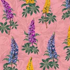 Botanic Garden Wildflower Floral Print, Colorful Farmhouse Flower Pattern, Hand Drawn Lupine Lupin Flowers Dancing in the Wind on Blush Pink Linen Texture