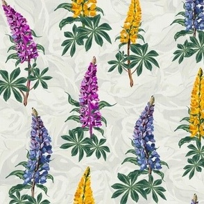 Botanical Garden Wildflower Floral Print, Colorful Farmhouse Flower Pattern, Hand Drawn Lupine Lupin Flowers Dancing in the Wind on Neutral Linen Texture