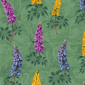 Elegant Botanic Green Wildflower Garden Floral Print, Farmhouse Flower Pattern, Hand Drawn Lupine Lupin Flowers Dancing in the Wind on Linen Texture