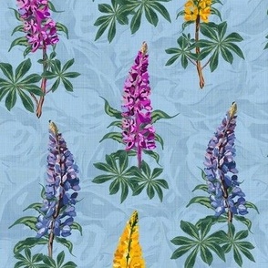 Timeless Wildflower Garden Floral Print, Botanical Farmhouse Flower Pattern, Hand Drawn Lupine Lupin Flowers Dancing in the Wind on Linen Texture