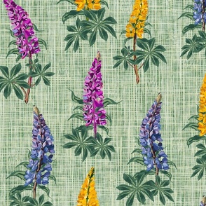 Colorful Wildflower Garden Floral Print, Botanical Farmhouse Flower Pattern, Lupine Lupin Flower Swaying in the Wind on Linen Texture