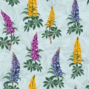 Contemporary and Colorful Flowers, Wildflower Garden Floral Print, Botanical Farmhouse Pattern, Lupine Lupin Flower Swaying in the Wind