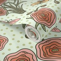 Poppy Red and Butterflies - Polka Dots on Light Green BG - Floral Collection