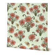 Poppy Red and Butterflies - Polka Dots on Light Green BG - Floral Collection