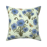 Poppy Blue and Butterflies - Polka Dots on Light Green BG - Floral Collection