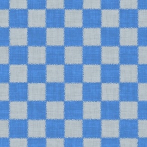 Textured Check - Medium Scale - Bright Aqua Blue and Soft Grey Blue - Linen Ikat fabric texture Checkers Checkerboard Beach Boy