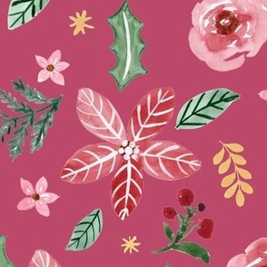 Watercolor Red and Green Poinsettia Holiday Christmas Pattern on Pinky Red _Large_Bloom Wild Design