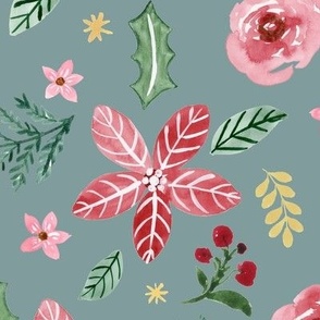 Watercolor Red and Green Poinsettia Holiday Christmas Pattern on blue teal _Large_Bloom Wild Design
