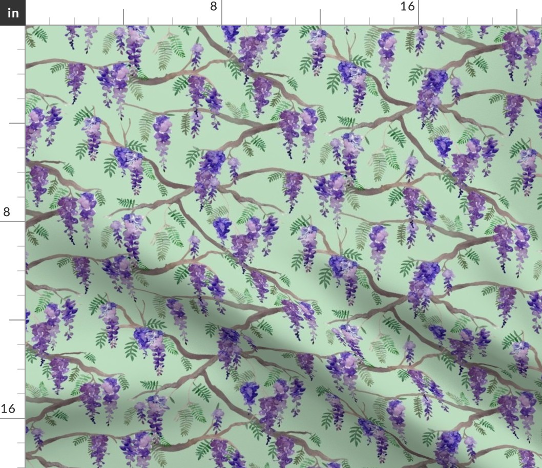 Wisteria Flowers and Vines on Pastel Green