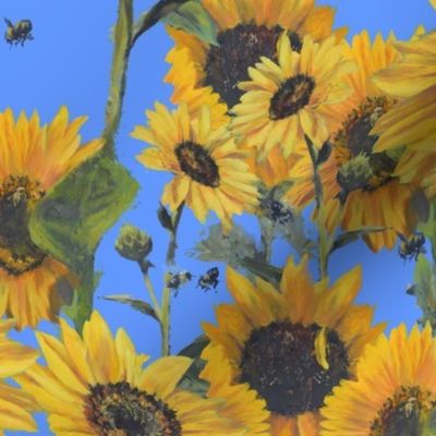 Mammoth Sunflowers and Bees Oil Painting on Sky Blue