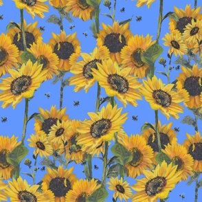 Mammoth Sunflowers and Bees Oil Painting on Sky Blue