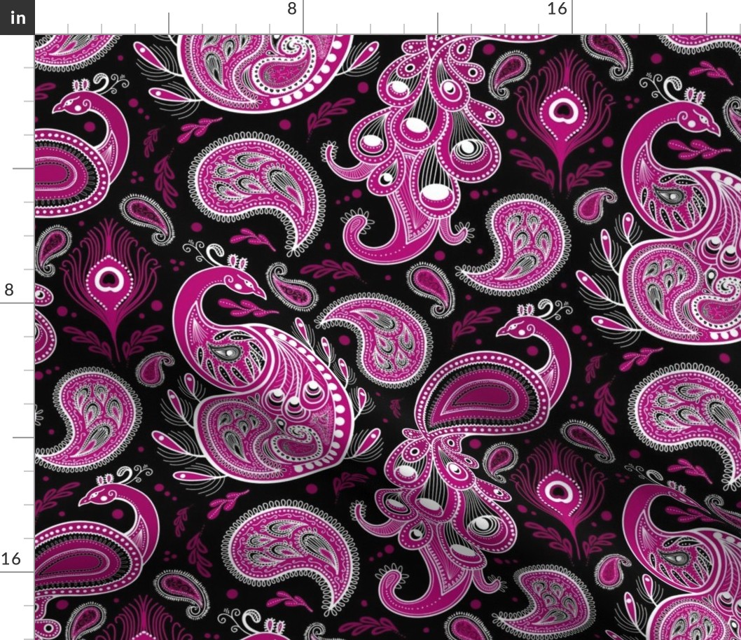 Peacock Paisley, Magenta and Hot Pink on Black