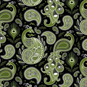 Peacock Paisley Avocado on Black