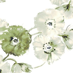 Large green flowers, watercolor poppies, painted, 