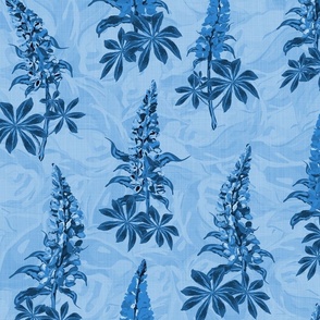 Contemporary Blue Flowers Wildflower Garden Pattern, Floral Print in Dark Monochromatic Tones, Botanical Cottagecore Lupine Lupin Flower Swaying in the Wind