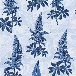 Blue Flowers Pattern, Contemporary Wildflower Garden, Floral Print in Dark Monochromatic Tones, Botanical Cottagecore Lupine Lupin Flower Swaying in the Wind