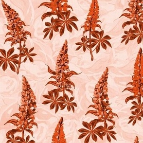 Burnt Orange Flowers Orange Pattern, Contemporary Wildflower Garden, Floral Print in Dark Monochromatic Tones, Botanical Country Cottagecore Lupine Lupin Flower Swaying in the Wind