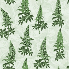 Green Summer Flowers Pattern, Contemporary Wildflower Garden, Floral Print in Dark Monochromatic Tones, Botanical Country Cottagecore Lupine Lupin Flower Swaying in the Wind