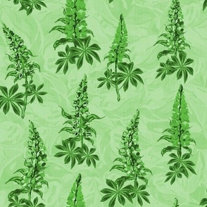 Contemporary Green Floral Wildflower Garden, Floral Print in Dark Monochrome Tones, Country Cottagecore Lupine Lupin Botanical Flower Swaying in the Wind