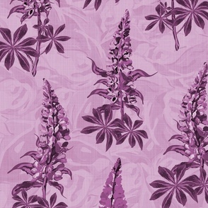 Purple Flower Pattern, Contemporary Wildflower Garden Floral in Dark Monochrome Tones, Country Cottage Lupine Lupin Botanical Flower Swaying in the Wind