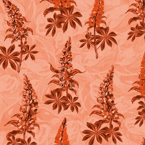 Contemporary Wildflower Garden Floral in Burnt Orange Monochrome Tones, Country Cottage Lupine Lupin Botanical Flower Swaying in the Wind