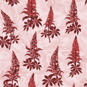 Wildflower Garden Monochrome Floral in Deep Rusty Red Tones, Country Cottage Lupine Lupin Botanical Flower Pattern Swaying in the Wind