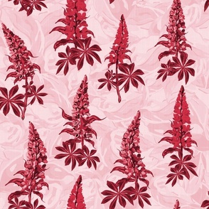 Monochrome Florals in Crimson Red and Pink, Lupine Lupin Botanical Flower Garden Print, Bright Country Cottage Wildflower 