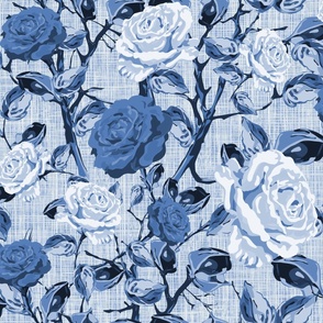 Dark Blue and White Botanical Flower Garden, Contemporary Rose Floral, Bold Monochromatic Summer Pattern, Dramatic Hand Drawn Climbing Roses , Elegant and Timeless Blooms with Vibrant Monochrome Linen Texture