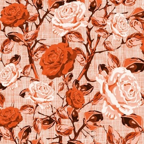 Colorful Bright Orange Floral, Contemporary Big Rose Blooms, Large Monochromatic Flowers, Bold Summer Rose Pattern, Dramatic Hand Drawn Climbing Roses, Elegant Monochrome Linen Texture