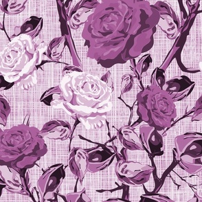 Dark and Moody Purple Floral Rose Pattern, Large Monochromatic Flowers, Bold Summer Floral Rose Pattern, Elegant and Timeless Blooms, Vibrant Monochrome Linen Texture, Dramatic Hand Drawn Climbing Roses 