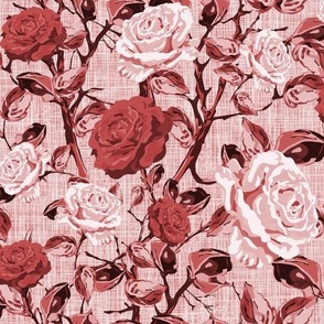 Contemporary Dark Red Rose Floral, Large Monochromatic Flowers, Bold Summer Floral Rose Pattern, Elegant and Timeless Blooms with Vibrant Monochrome Linen Texture, Dramatic Hand Drawn Climbing Roses 