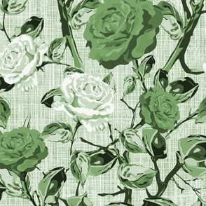 Large Monochromatic Green and White Flowers, Bold Summer Floral Rose Pattern, Elegant and Timeless Blooms, Vibrant Monochrome Linen Textured Roses, Dramatic Hand Drawn Climbing Rose 