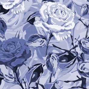 Large Monochromatic Blue and White Flowers, Bold Summer Floral Rose Pattern, Elegant and Timeless Blooms, Vibrant Monochrome Linen Textured Roses, Dramatic Hand Drawn Climbing Rose 