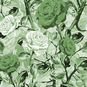 Large Summer Florals in Green, Bold Flower Roses Pattern, Timeless Floral Blooms, Vibrant Monochrome Linen Textured Roses, Dramatic Hand Drawn Climbing Rose 