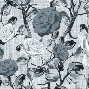 Dark and Moody Slate Grey (Gray) and White Floral Blooms, Textured Ink Rose Flowers, Vibrant Colorful Blooms, Dramatic Hand Drawn Climbing Roses 